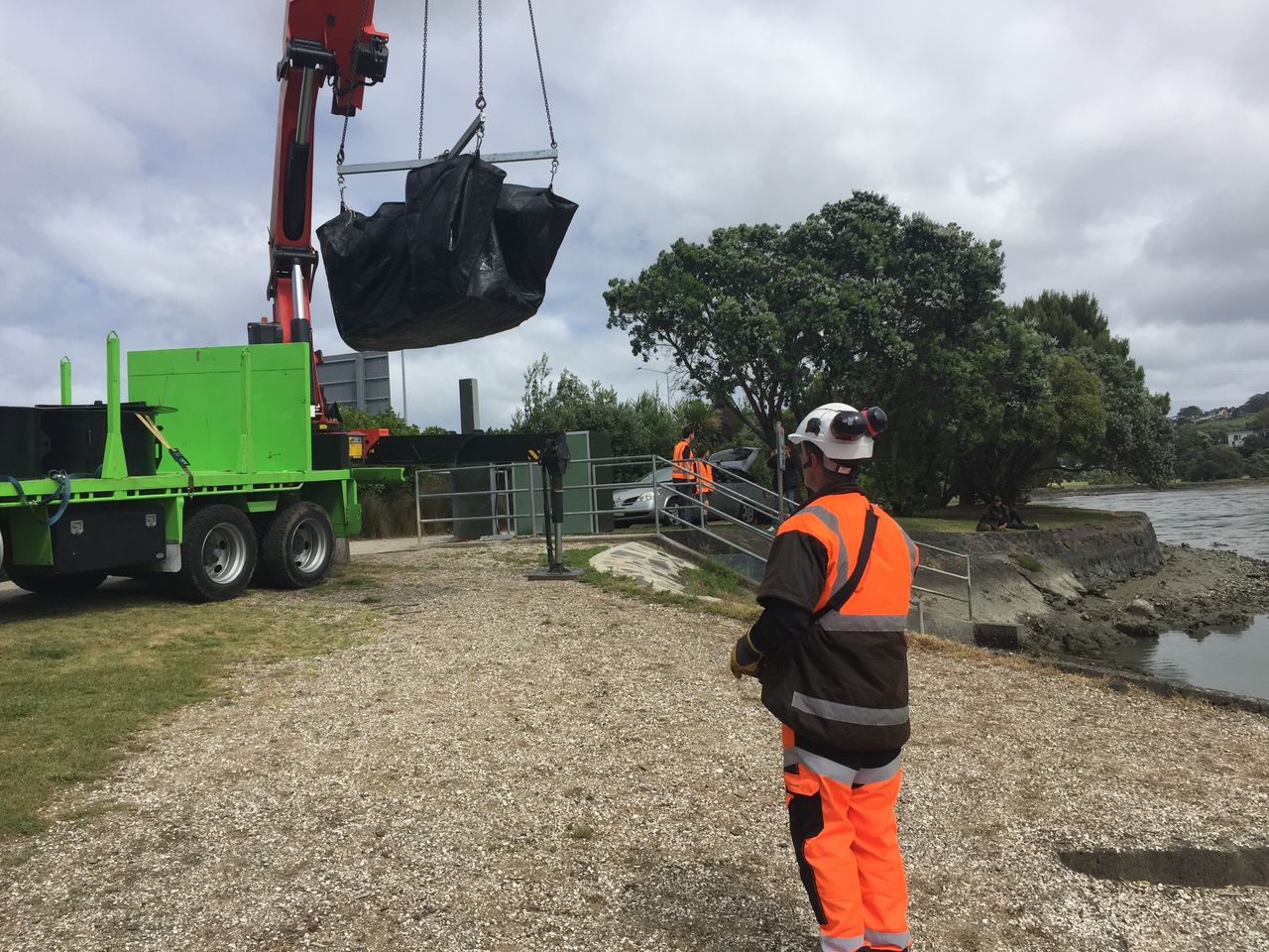 Cable-winch work at a boat ramp.